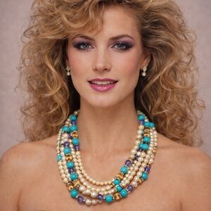 Vintage Gay Boyer Necklace Multi Strand Pearl Torsade Turquoise Purple Gold Tone